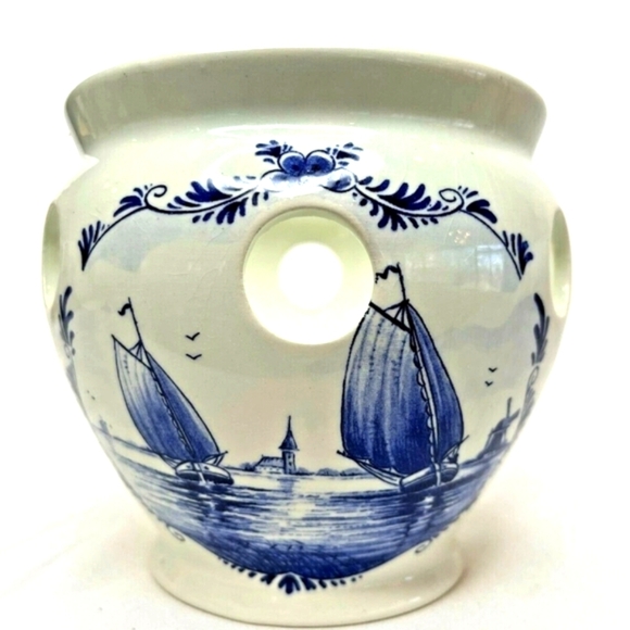 Delft Blue Round Bulb Planter Delftsche Huys Holland Windmills Boats Florals - Picture 4 of 7